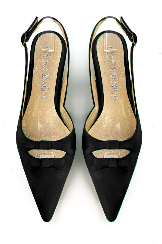 Matt black women's open back shoes, with a knot. Pointed toe. Flat kitten heels. Top view - Florence KOOIJMAN